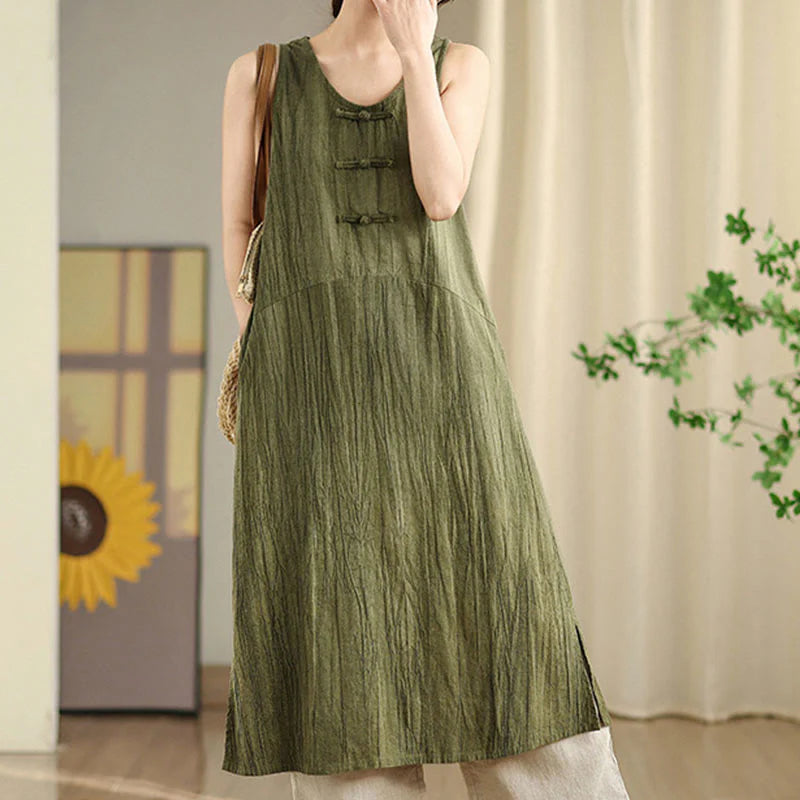 Buddha Stones Tie Dye Chinese Frog-Button RamieÂ Linen Sleeveless Midi Dress With Pockets