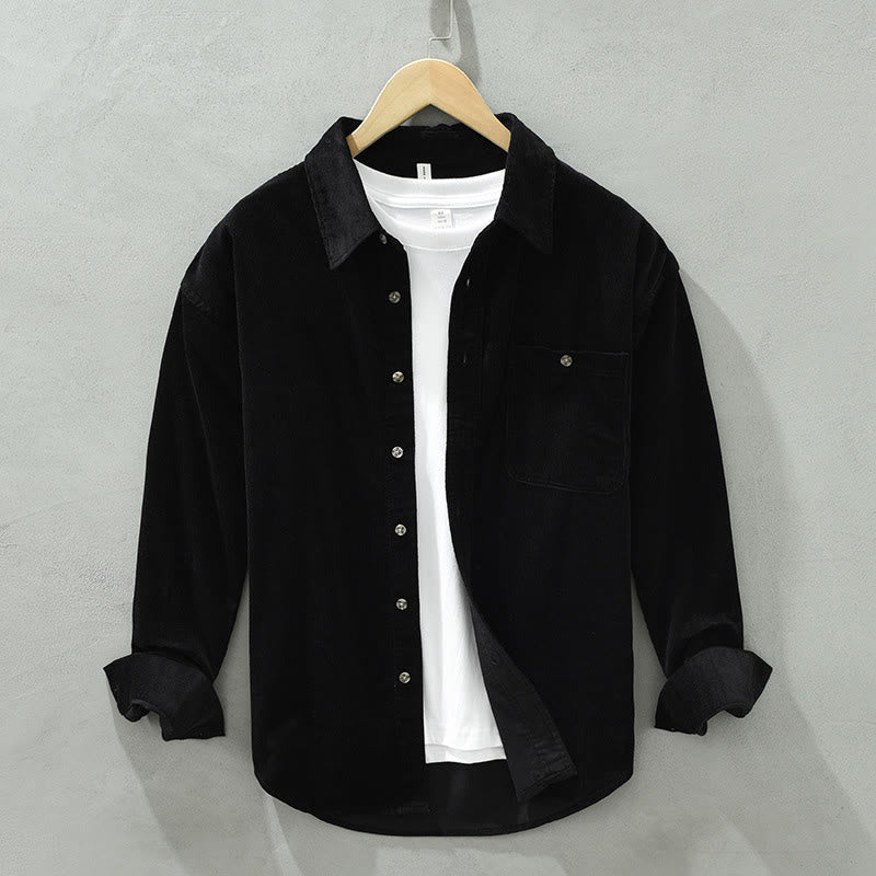 Buddha Stones Fall Decorative Pocket Buttons Down Stand Collar Long Sleeve Men's Cotton Corduroy Shirt
