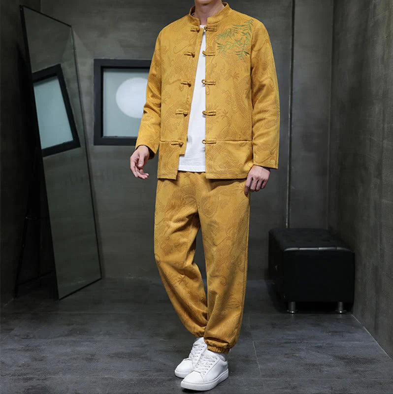 Buddha Stones 2Pcs Spring Dragon Bamboo Clouds Men's Tang Suit Frog-Button Cotton Long Sleeve Jacket Pants Set With Pockets