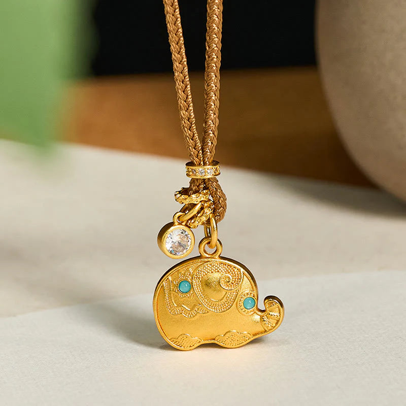 Buddha Stones 24k Gold Plated Brass Elephant Symbol Braided Cord Strength Necklace Pendant