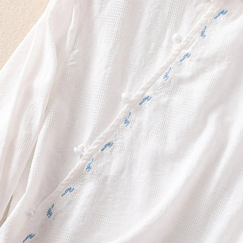 Buddha Stones Fall Embroidery Asymmetrical Design Frog-Button Women's Cotton Long Sleeve Shirt