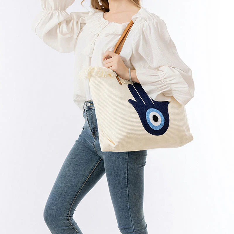 Buddha Stones Large Capacity Evil Eye Leaf Hamsa Tassel Canvas Tote Shoulder Bag