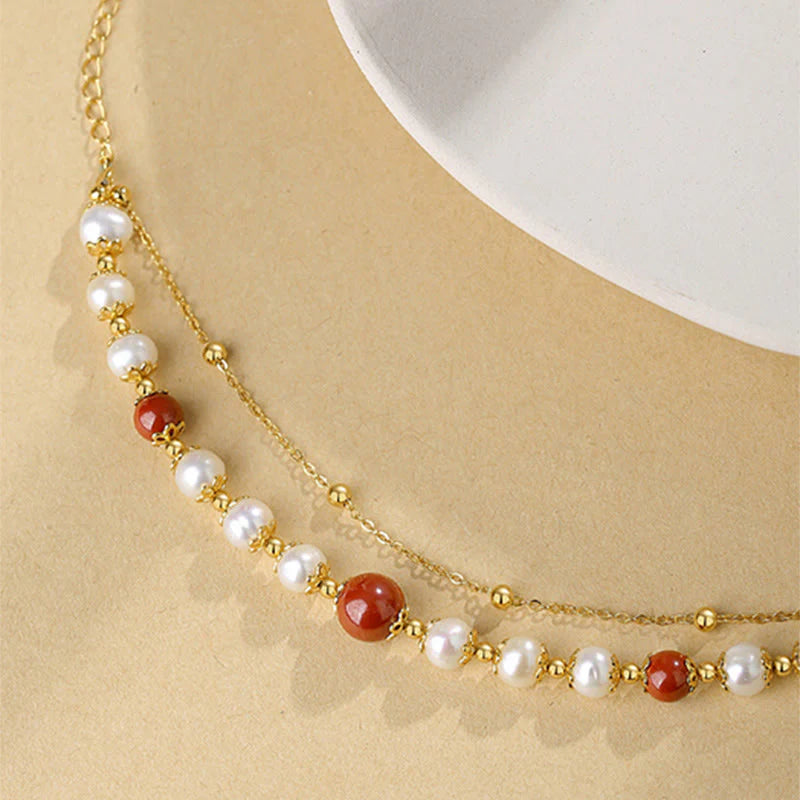 Buddha Stones 925 Sterling Silver Pearl Cinnabar Wisdom Bead Double Layer Chain Bracelet