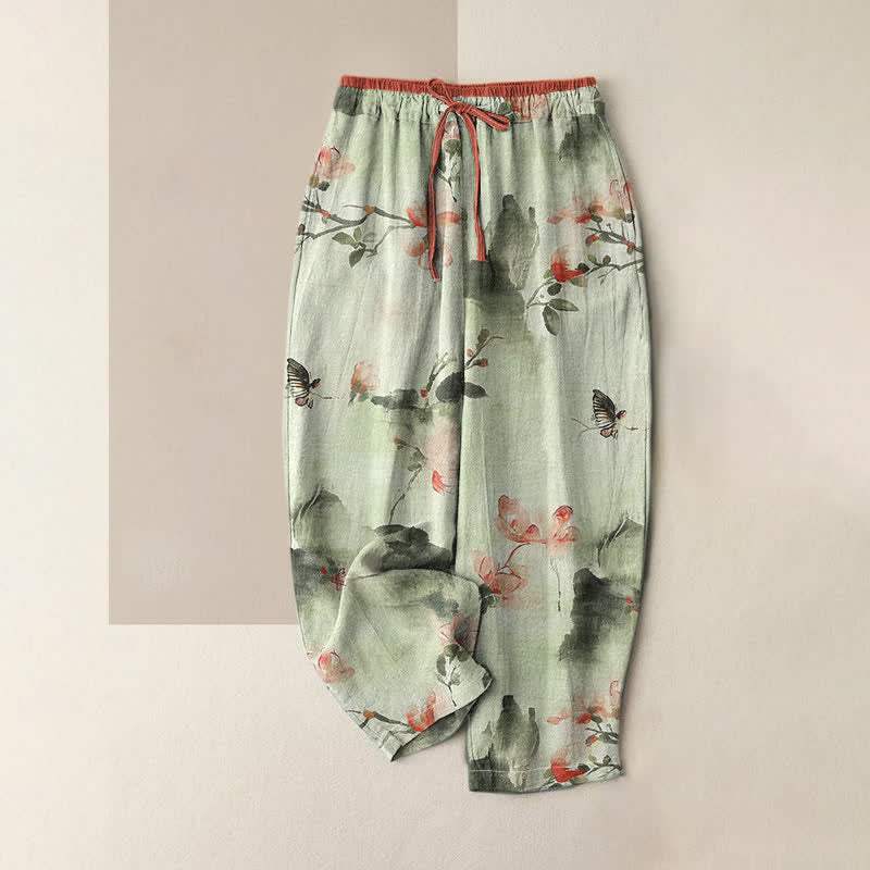 Buddha Stones Pure Cotton Butterfly Flowers Pattern Print Women's Pants With Pockets