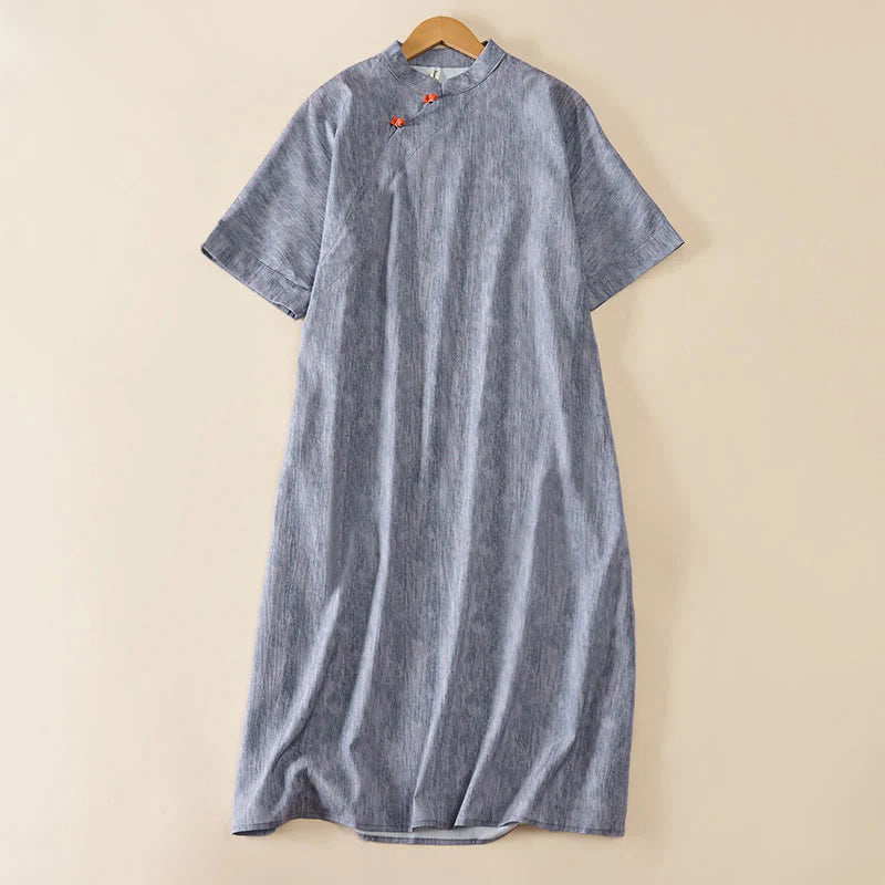 Buddha Stones Summer Crew Neck Plain Short Sleeve Below Knee Dress