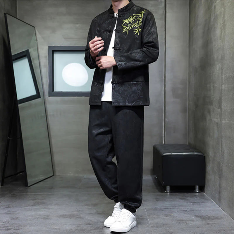 Buddha Stones 2Pcs Spring Dragon Bamboo Clouds Men's Tang Suit Frog-Button Cotton Long Sleeve Jacket Pants Set With Pockets