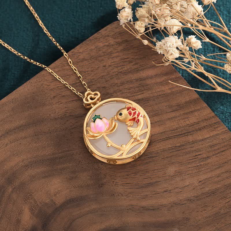 Buddha Stones White Jade Koi Fish Lotus Blessing Necklace Pendant