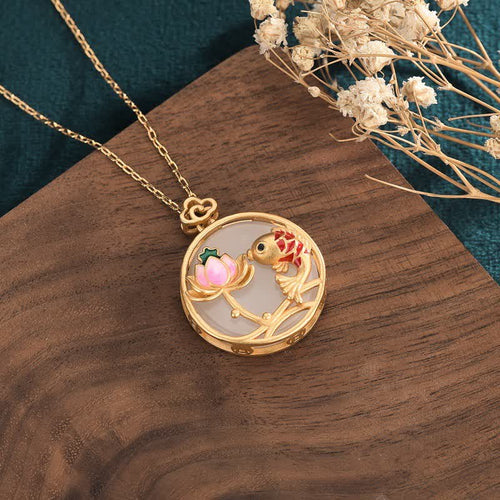 Buddha Stones White Jade Koi Fish Lotus Blessing Necklace Pendant