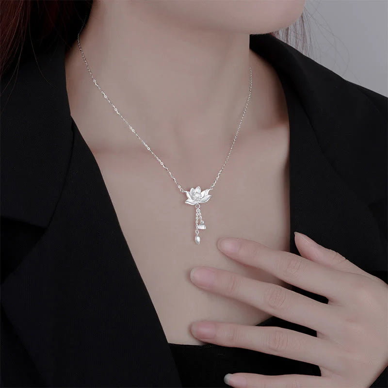 Buddha Stones 999 Sterling Silver Lotus Flower Pod Carved Enlightenment Necklace Pendant