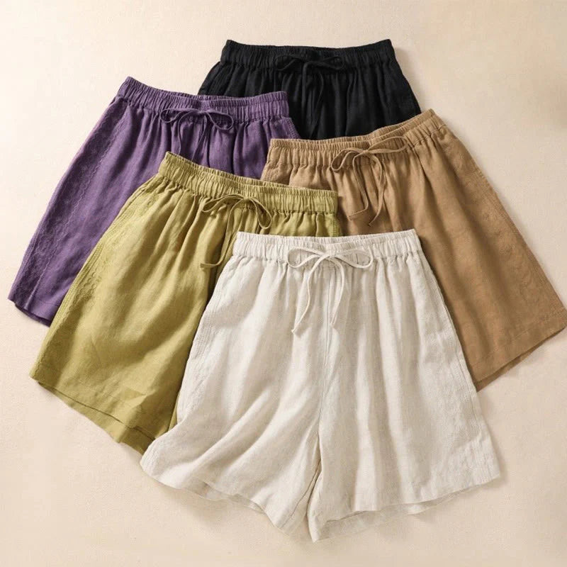 Buddha Stones Casual Floral Embroidery Pattern Drawstring Cotton Linen Women's Shorts With Pockets