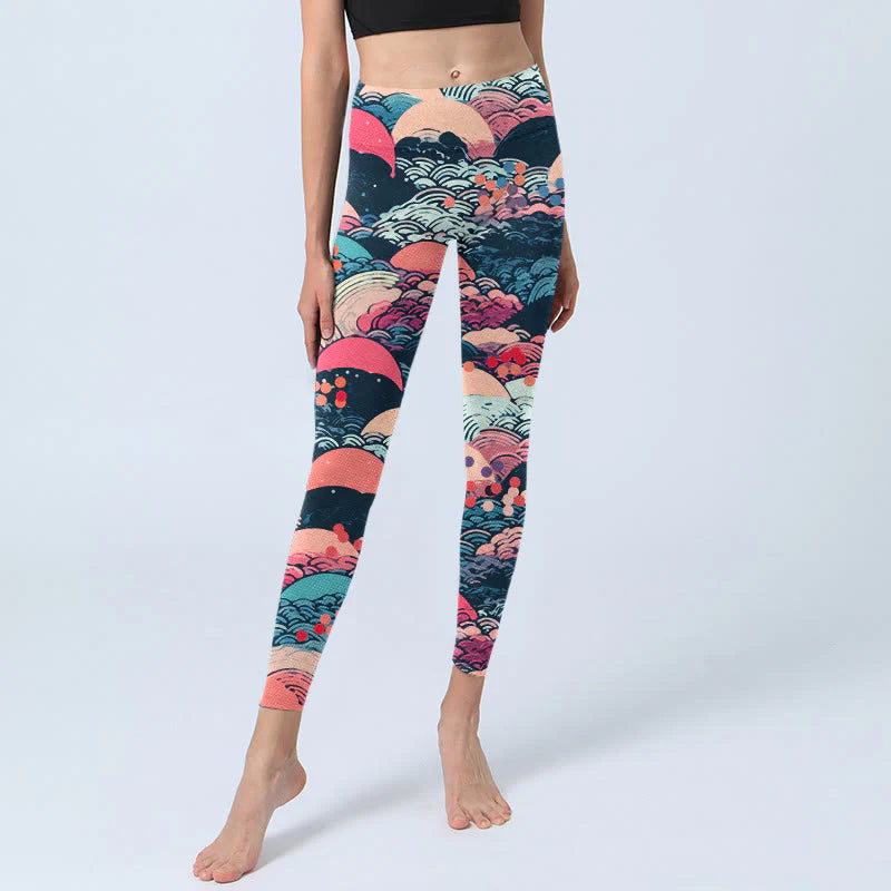 Buddha Stones Colorful Ocean Waves Print Gym Leggings Women's Yoga Pants