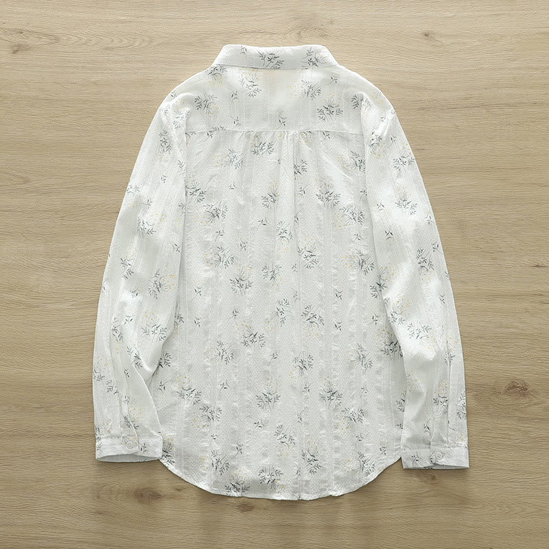 Buddha Stones Fall White Yellow Flowers Green Leaves Buttons Women's Cotton Long Sleeve Shirt