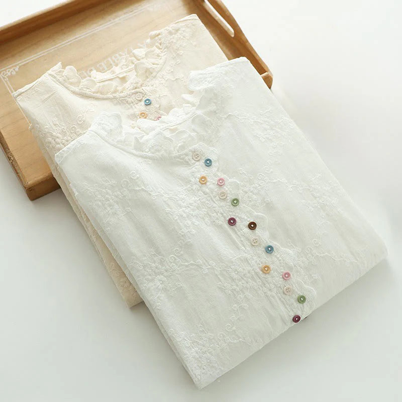 Buddha Stones Fall Ruffled Collar Embroidered Relief Flower Buttons Women's Cotton Long Sleeve Shirt