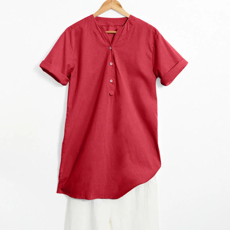 Buddha Stones Casual Plain Button Notched Collar Women's Short Sleeve Shirt