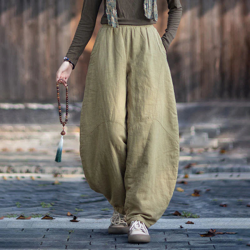 Buddha Stones Winter Elastic Waist Ramie Cotton Thermal Women's Pants With Pockets