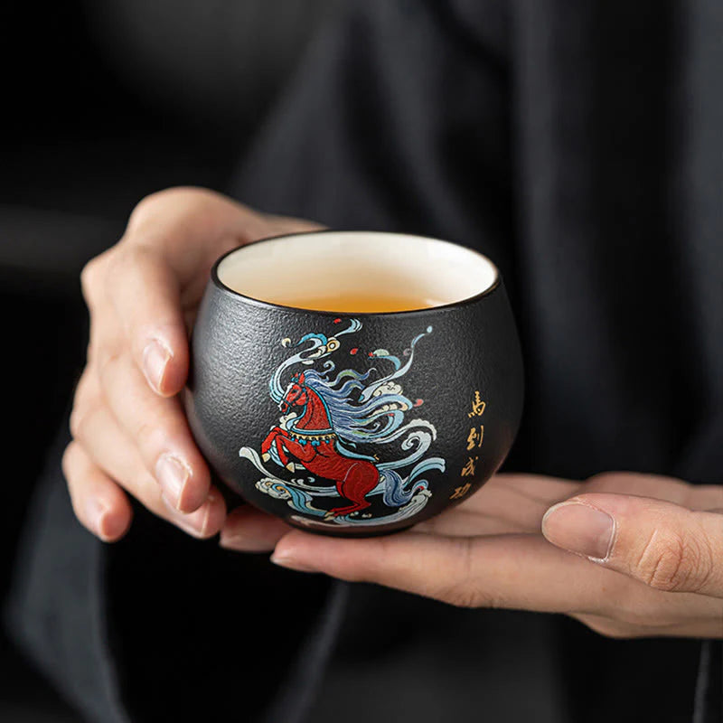 Buddha Stones Year Of The Horse Hand Painted Ceramic Teacup Kung Fu Tea Cup
