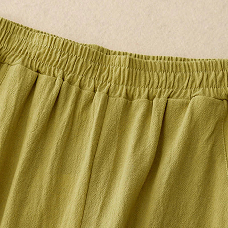 Buddha Stones Daily Plain Elastic Waistband Cotton Linen Women's Pants With Pockets