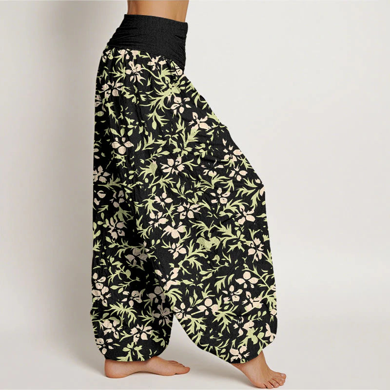 Buddha Stones Pure Cotton Abstract Flowers Leaves Pattern Women's Elastic Waist Harem Pants