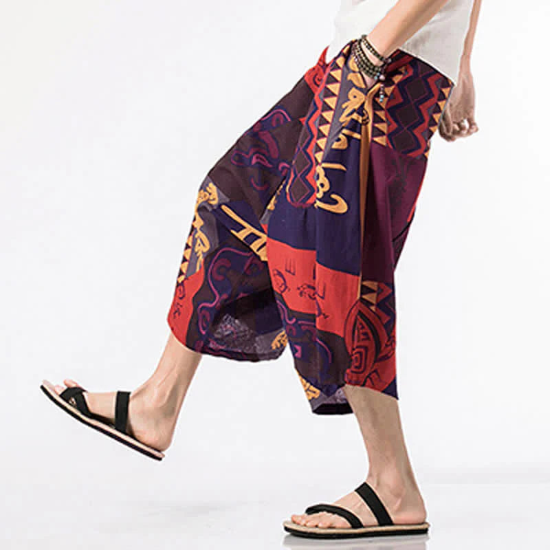 Buddha Stones Ethnic Printing Floral Geometric Pattern Men's Harem 7-8 Length Pants With Pockets