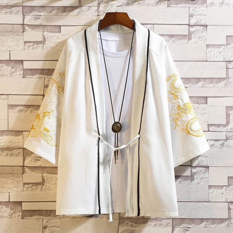 Buddha Stones Embroidery Dragon Phoenix Auspicious Cloud Waves Leaves Cranes Open Front Jacket Men's Kimono