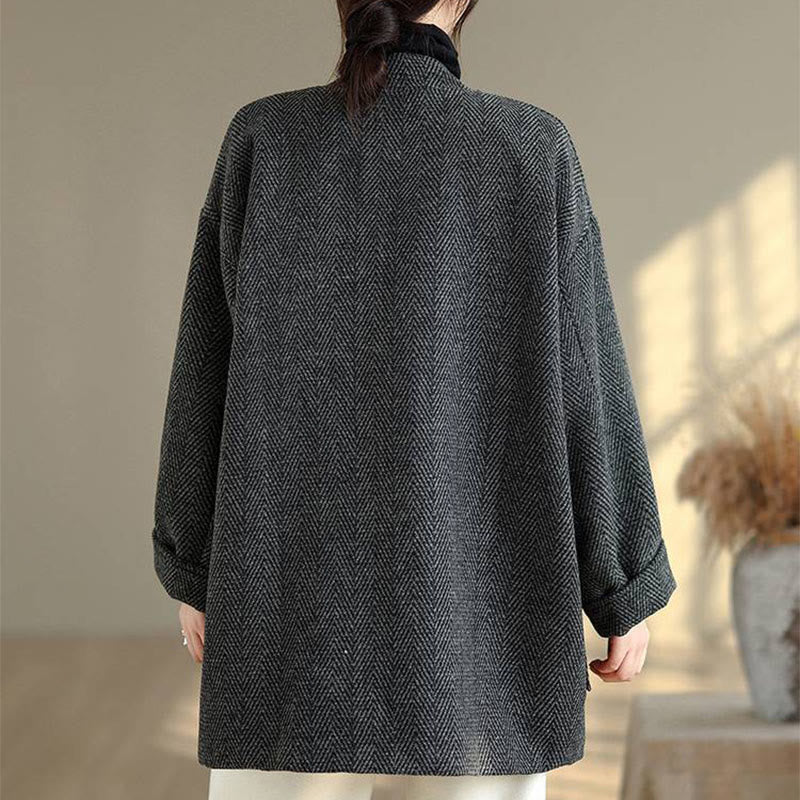 Buddha Stones Stripe V-Neck Cotton Long Sleeve Women's Coat With Pockets