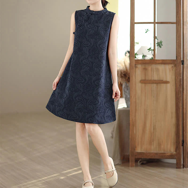 Buddha Stones Mandarin Collar Frog-button Jacquard Pattern Sleeveless Cotton Mini Dress With Pockets