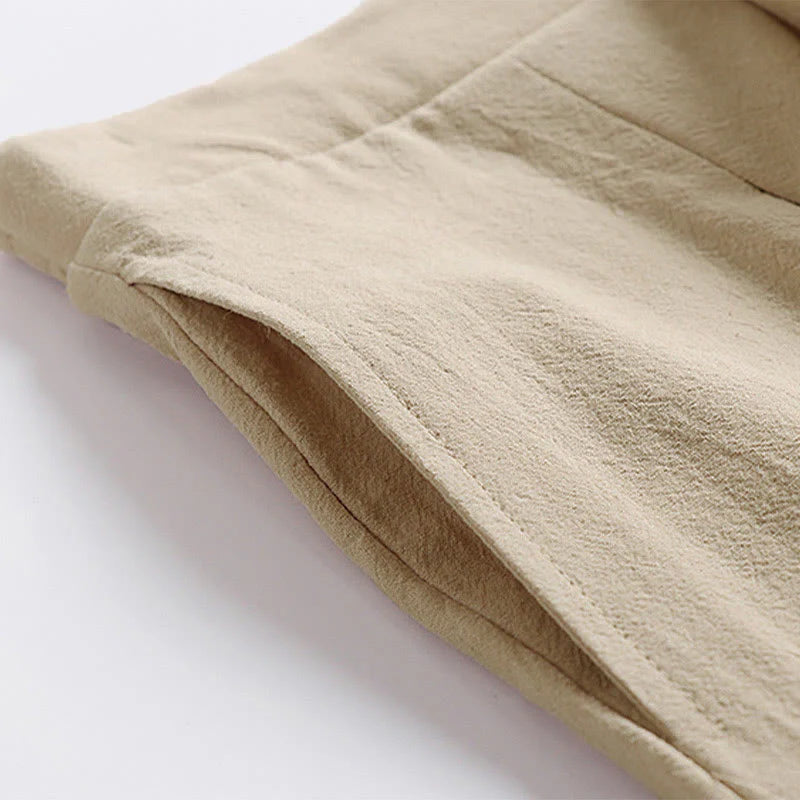 Buddha Stones Plain Lace-up Drawstring Design Men's Ankle-Length Cotton Linen Wide Leg Pants With Pockets