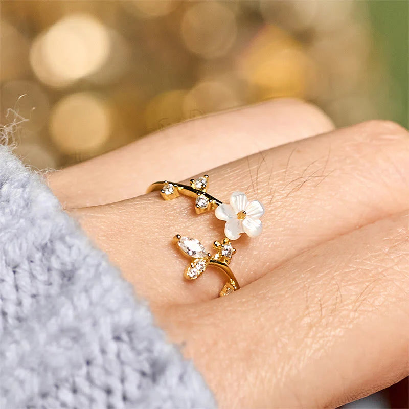 Buddha Stones 925 Sterling Silver White Flower Design Adjustable Blessing Ring