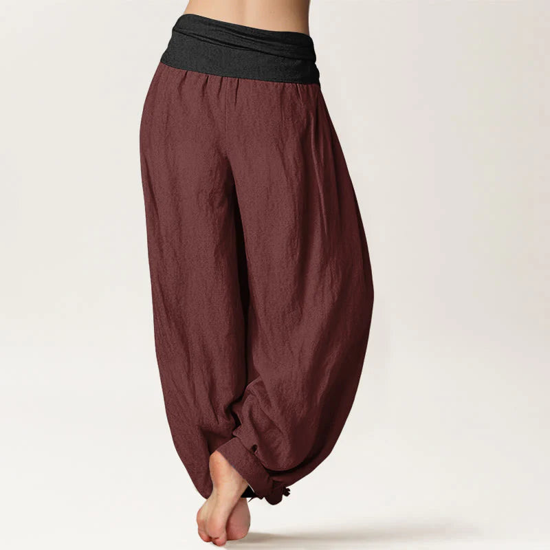 Buddha Stones Cotton Green Black Brown Red Solid Color Women's Elastic Waist Harem Pants