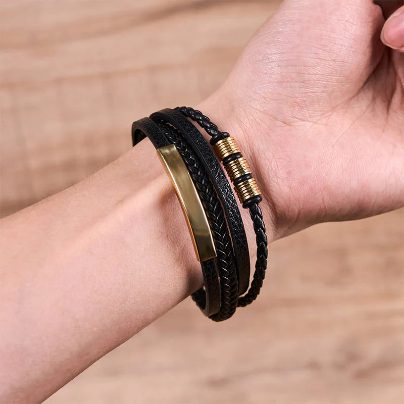 Buddha Stones Fashion Titanium Steel Leather Hand Woven Magnetic Buckle Strengthen Bracelet