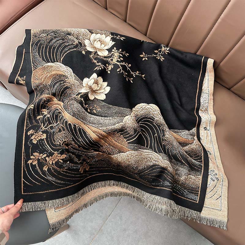Buddha Stones Fall Lotus Flowers Ocean Waves Pattern Soft Scarf Tassel Shawl