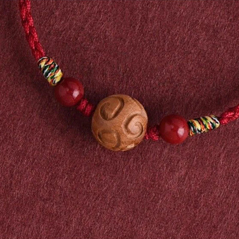 Buddha Stones Carved Auspicious Pattern Natural Peach Wood Rope Luck Bracelet