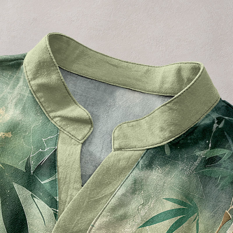Buddha Stones Cotton Bamboo Pattern Men's Short Sleeve Half Button Shirt