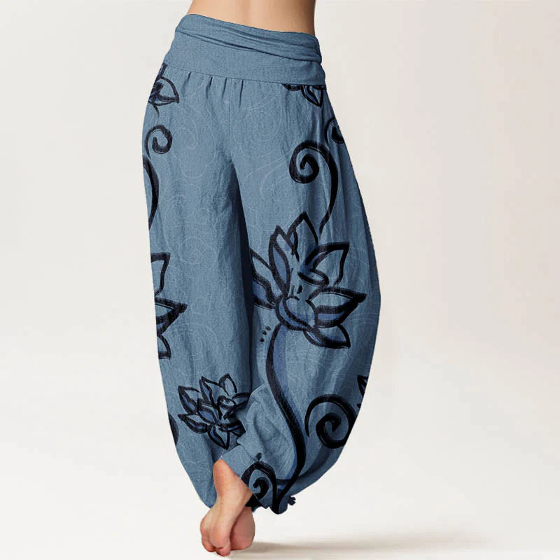Buddha Stones Pure Cotton Casual Lotus Auspicious Clouds Design Women's Elastic Waist Harem Pants