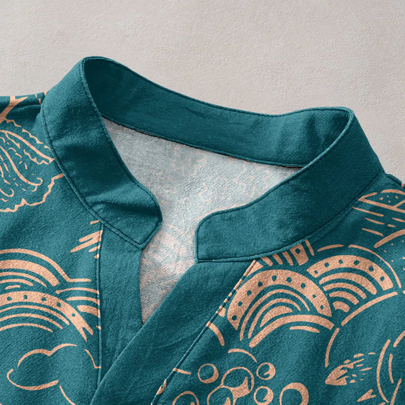 Buddha Stones Cotton Nature Towers Landscape Pattern Men's Short Sleeve Half Button Shirt