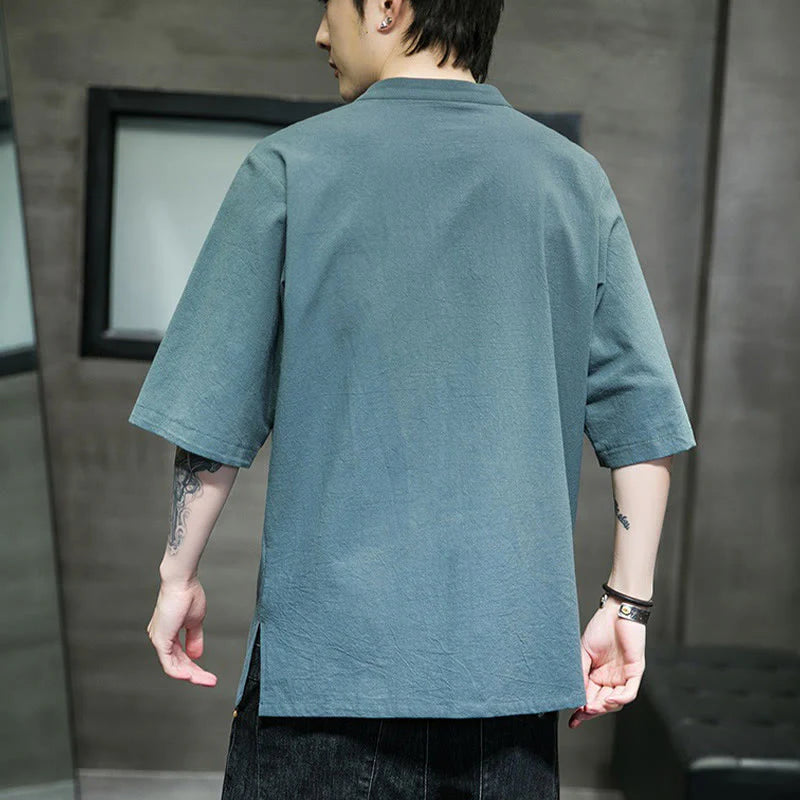 Buddha Stones Casual Solid Color Frog-Button Embroidery Men's Cotton Linen Shirt Cardigan