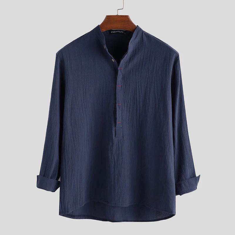 Buddha Stones Solid Color Half Buttons Long Sleeve Cotton Linen Men's Shirts
