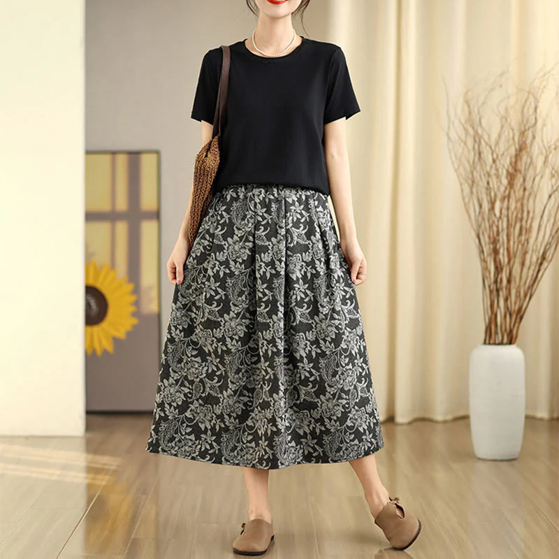 Buddha Stones Printing Flower Paisley Pattern A-line Elastic Waist Cotton Women's Skirt With Pockets