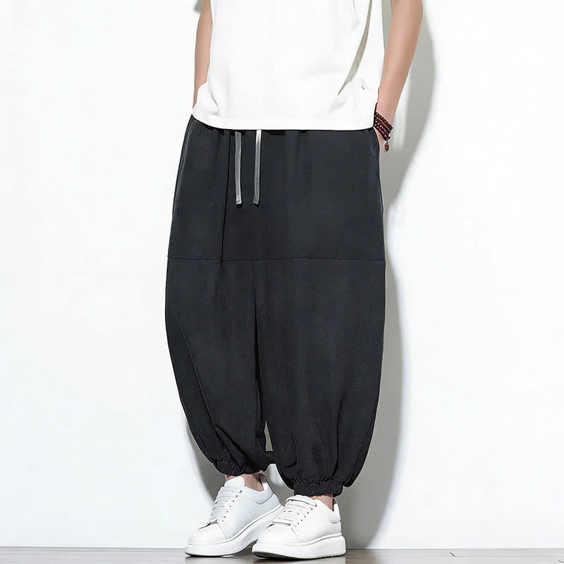 Buddha Stones Spring Solid Color Drawstring Cropped Men's Harem Cotton Pants With Pockets