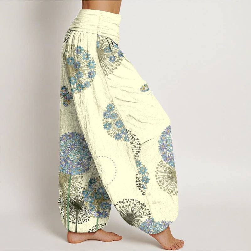 Buddha Stones Cotton Dreamlike Dandelion Butterfly Pattern Women's Elastic Waist Harem Pants