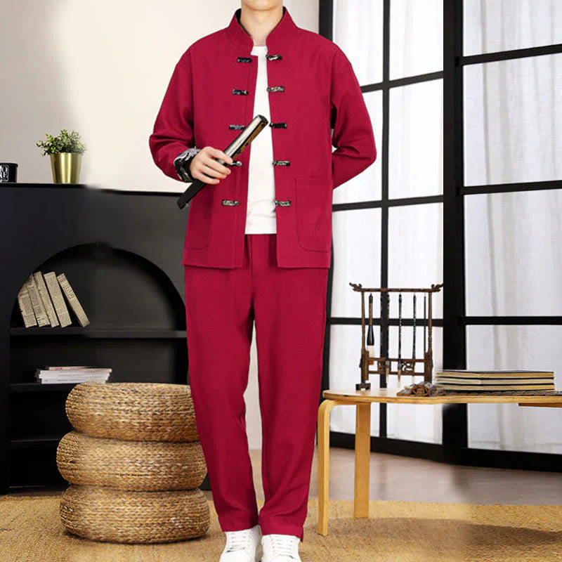 Buddha Stones 2Pcs Tang Suit Frog-Button Men's Waves Long Sleeve Shirt Pants Clothing Set