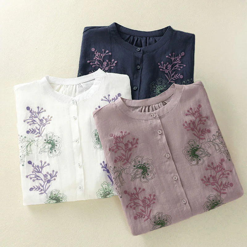 Buddha Stones Embroidery Pleated Design Stand Collar Three Quarter Sleeve Side Slit Hem Women's Cotton Shirt