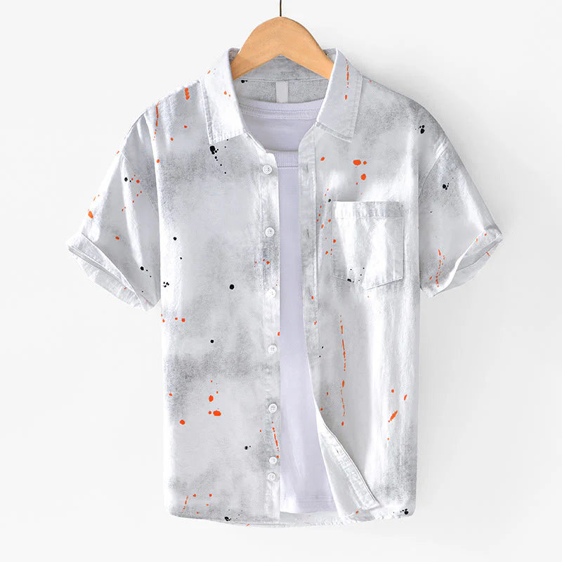 Buddha Stones Summer Ink Splashing Color Men's Button Short Sleeve Cotton Shirt