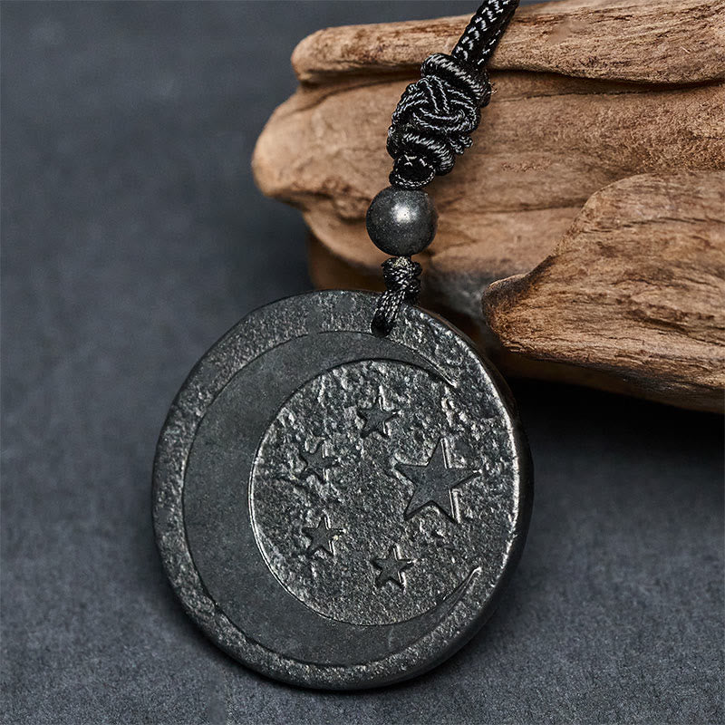 Buddha Stones Moon Star Round Design Authentic Shungite Stone Protection Necklace Pendant