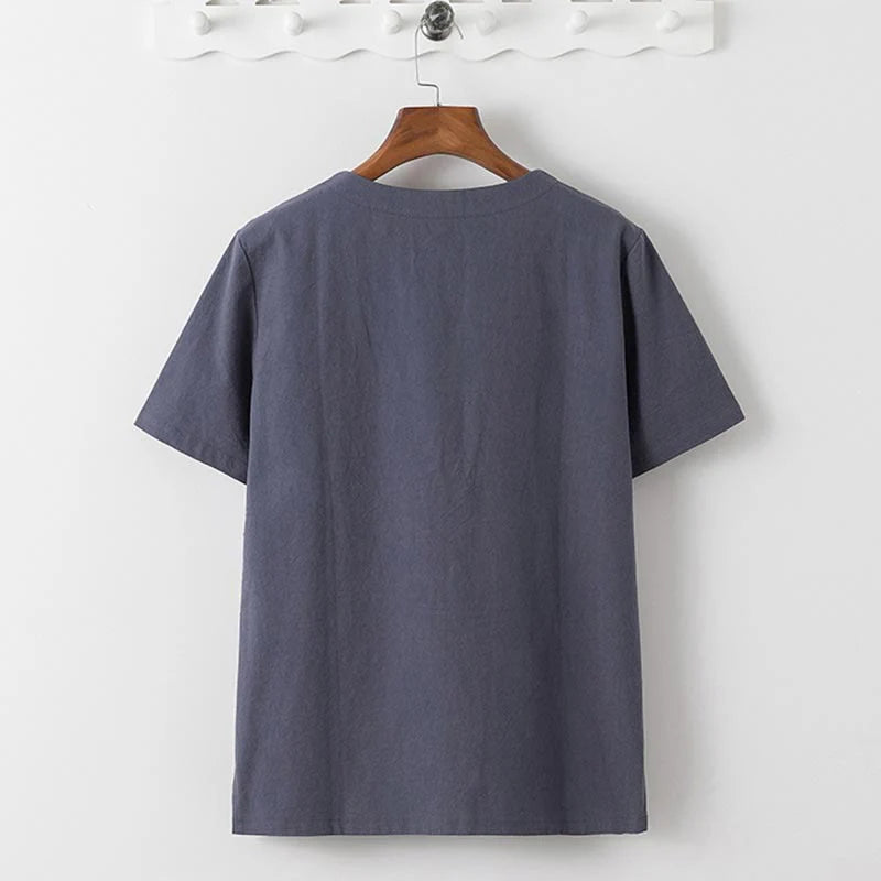 Buddha Stones Summer 2Pcs Plain Short Sleeve T-Shirt 7-8 Length Pants Cotton Linen Tang Suit Men's Meditation Cloth Set With Pockets