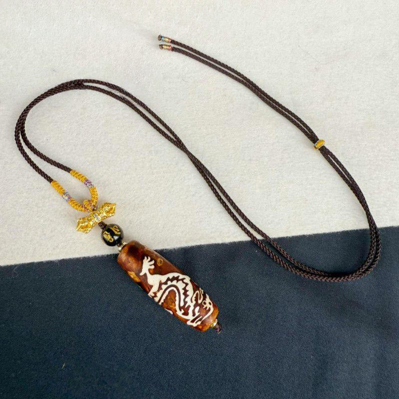 Buddha Stones Tibetan Agate Dragon Pattern Nine-eye Dzi Protection Necklace Pendant