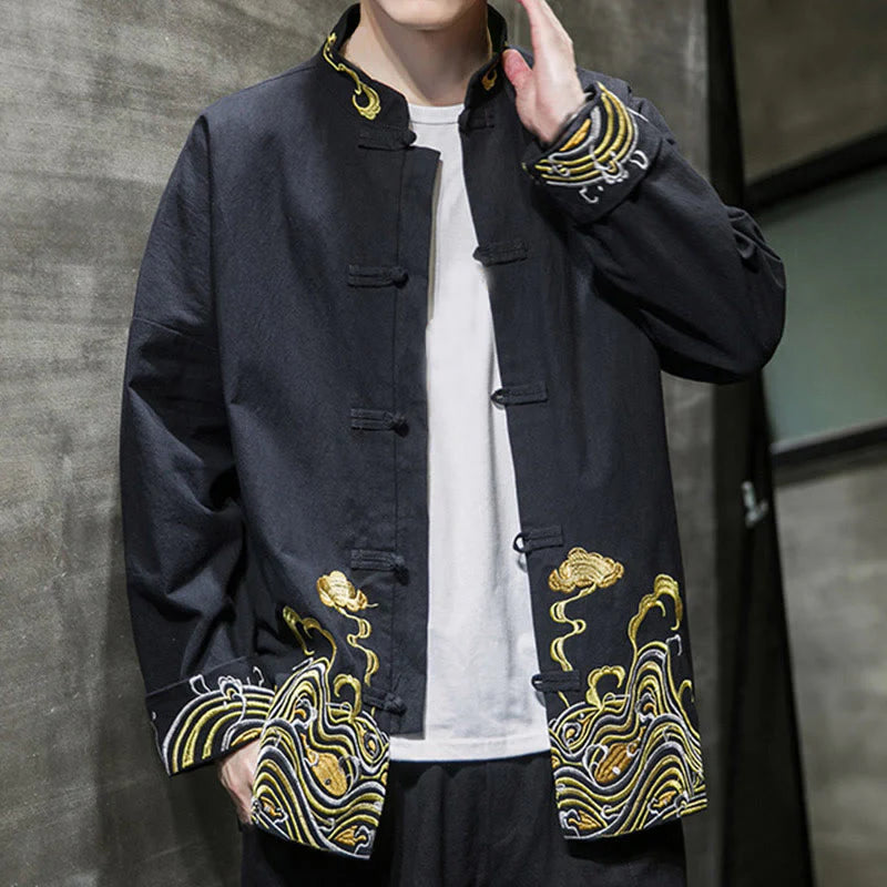 Buddha Stones Embroidered Clouds Frog-Button Long Sleeve Men's Cotton Tang Suit Jacket