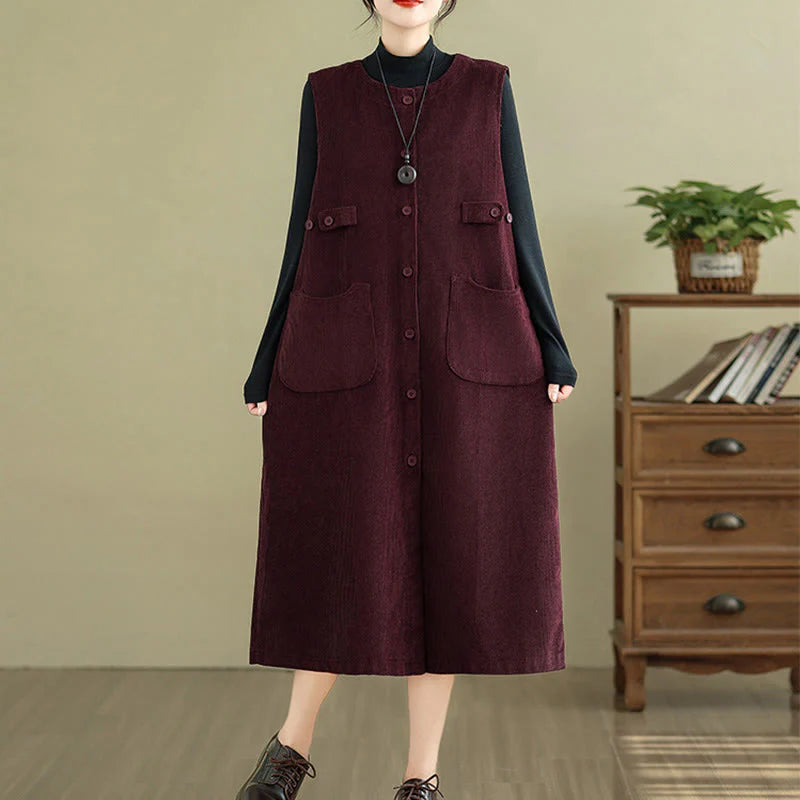 Buddha Stones Pure Colo Buttons Sleeveless Midi Dress With Pockets
