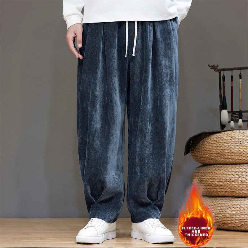 Buddha Stones Winter Pure Color Cotton Men's Harem Thickened Fleece-lined Pants With Pockets
