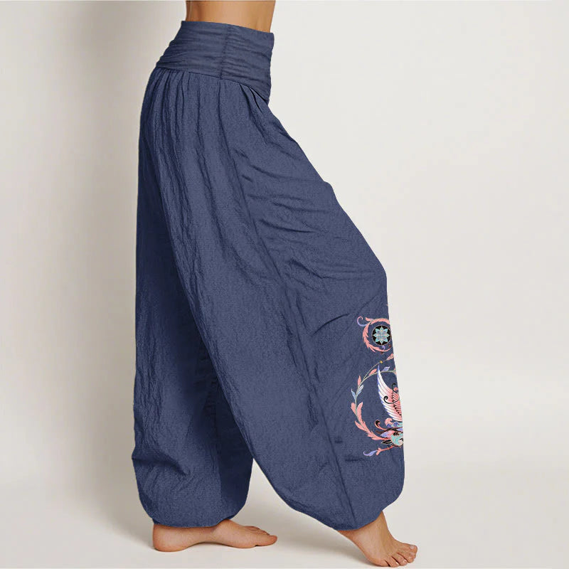 Buddha Stones Cotton Flying Dragon Phoenix Pattern Women's Elastic Waist Harem Pants